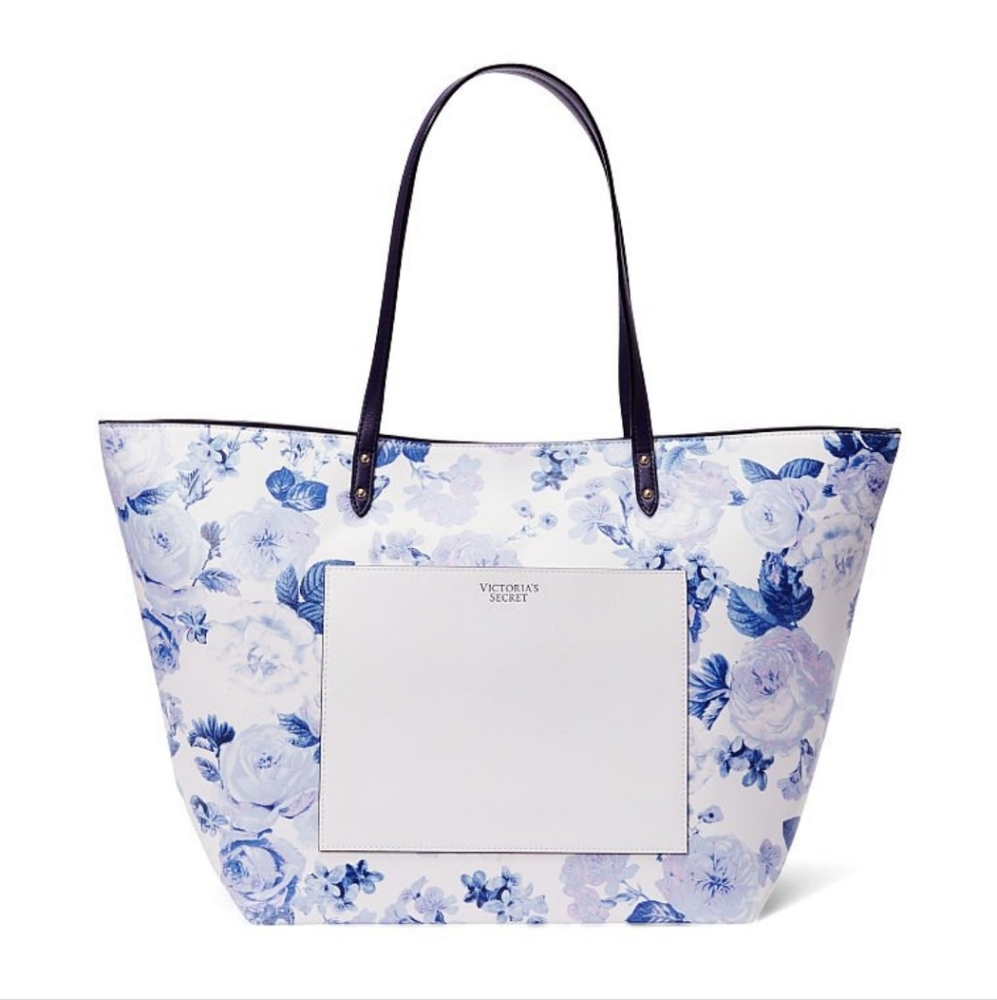 Victoria Secret Large Floral Rose Print Tote Purple Blue NWT